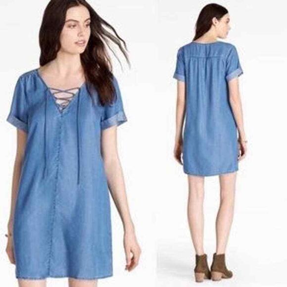 Lucky Brand Dresses & Skirts - Lucky Brand Chambray Lyocell Shift Dress Lace Up V-Neck Short Sleeve Women's XS